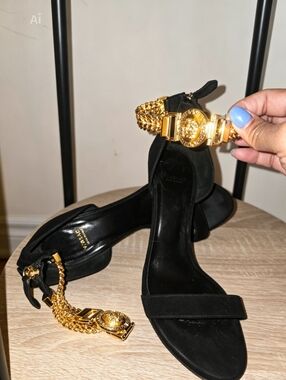 AUTHENTIC Versace Black Suede Heels with Gold Medusa Chain Ankle Strap